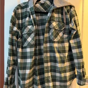 Men's Green Plaid Hooded Button-Down Shirt